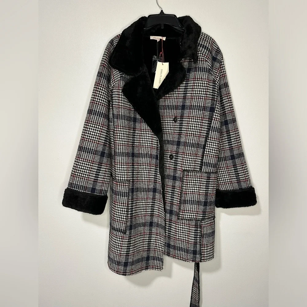 Solitaire Twill & Faux Fur Convertible Faux Sherpa Lined Pocket Jacket Belt Coat - Picture 3 of 7